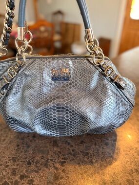 Coach Madison Python Embossed Leather Shoulder Bag Metallic Gray 16346
